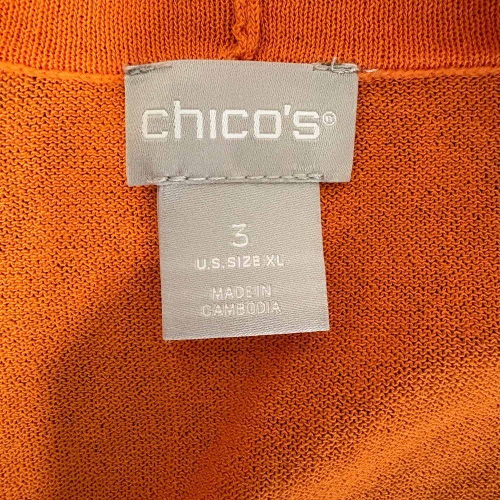 Chico's Vibrant Orange Open Front Cardigan with relaxed drape style. Size XL - Picture 2 of 6